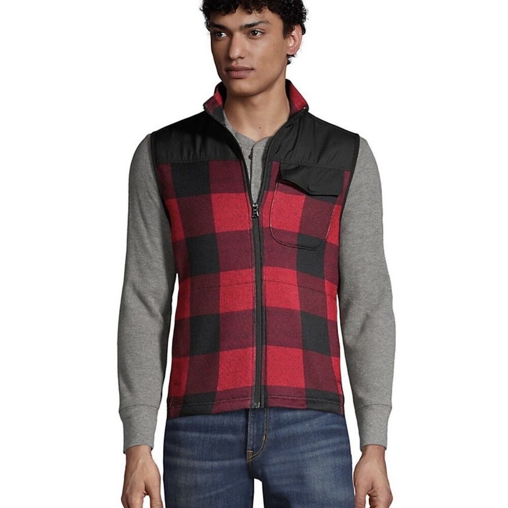 NEW Lands' End Men's Sweater Fleece Vest Red Buffalo Plaid Large 42-44‎ Full Zip